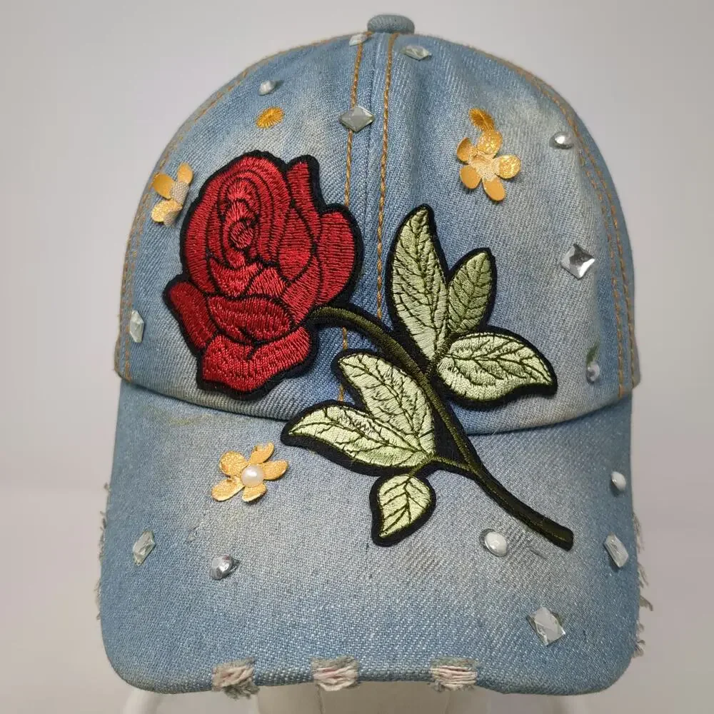 Blue Baseball Cap One Size Rose Embroidery Rhinestone Floral Stud Denim Hat